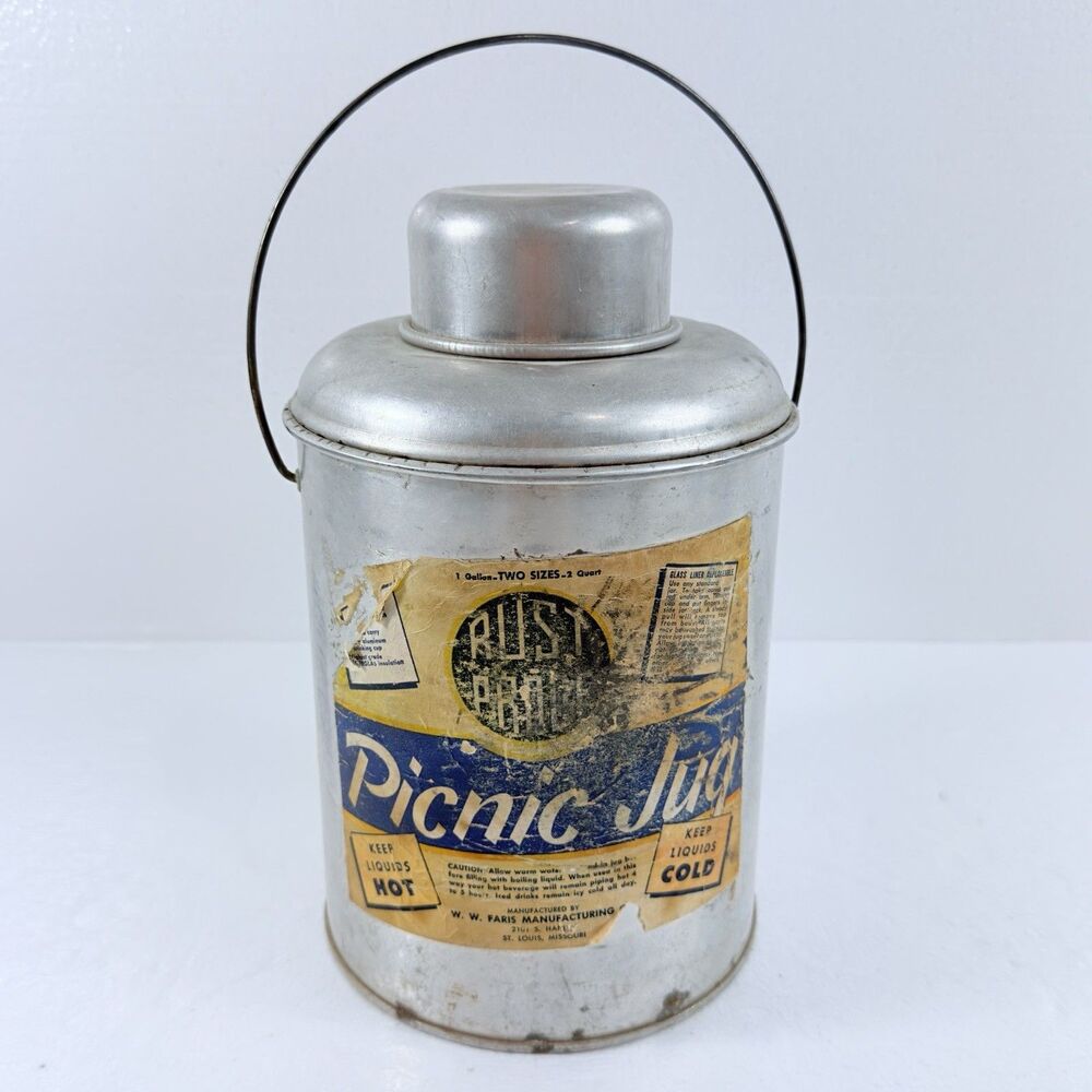Vintage Faris Rust Proof Metal Picnic Jug Thermos W/ Drinking Cup & Handle 1960s
